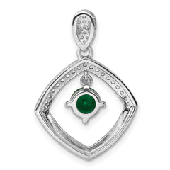 Sterling Silver RH-pltd Green Glass and Clear CZ Fancy Square Pendant