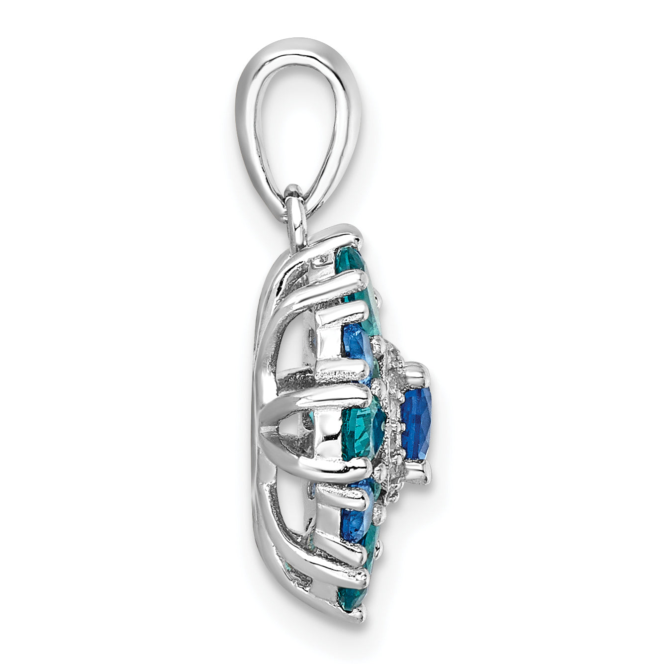 Sterling Silver Rhodium-plated Blue/Green Nano Crystal & CZ Floral Pendant Secondary image