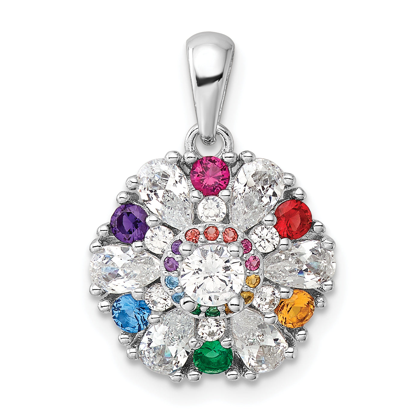 Sterling Silver Rhodium-pltd Rainbow Nano Crystal &Clear CZ Floral Pendant Main image