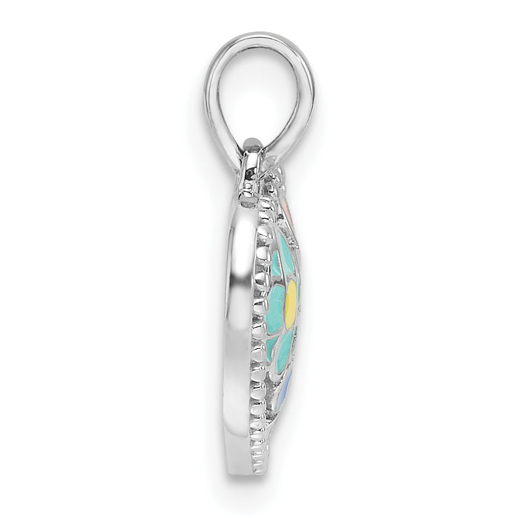 Sterling Silver Rhodium-plated Polished & Beaded Multi-color Enameled Floral Heart Children's Pendant Secondary image