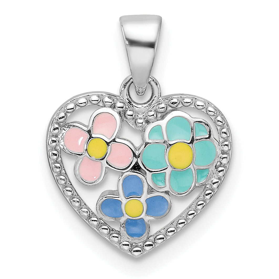 Sterling Silver Rhodium-plated Polished & Beaded Multi-color Enameled Floral Heart Children's Pendant Main image