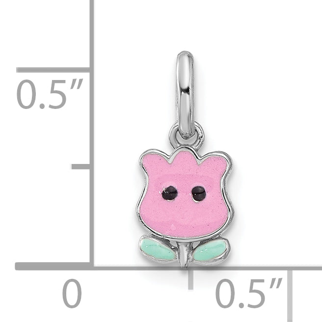 Sterling Silver RH-plated Pink & Green Enamel Tulip Children's Pendant