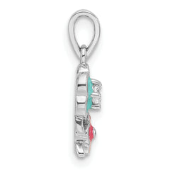 Sterling Silver RH-plated Blue/Pink Enamel & CZ Floral Children's Pendant