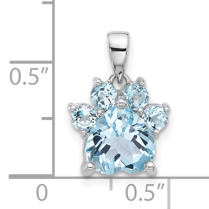 Sterling Silver Rhodium-plated Polished Sky Blue Topaz Paw Pendant