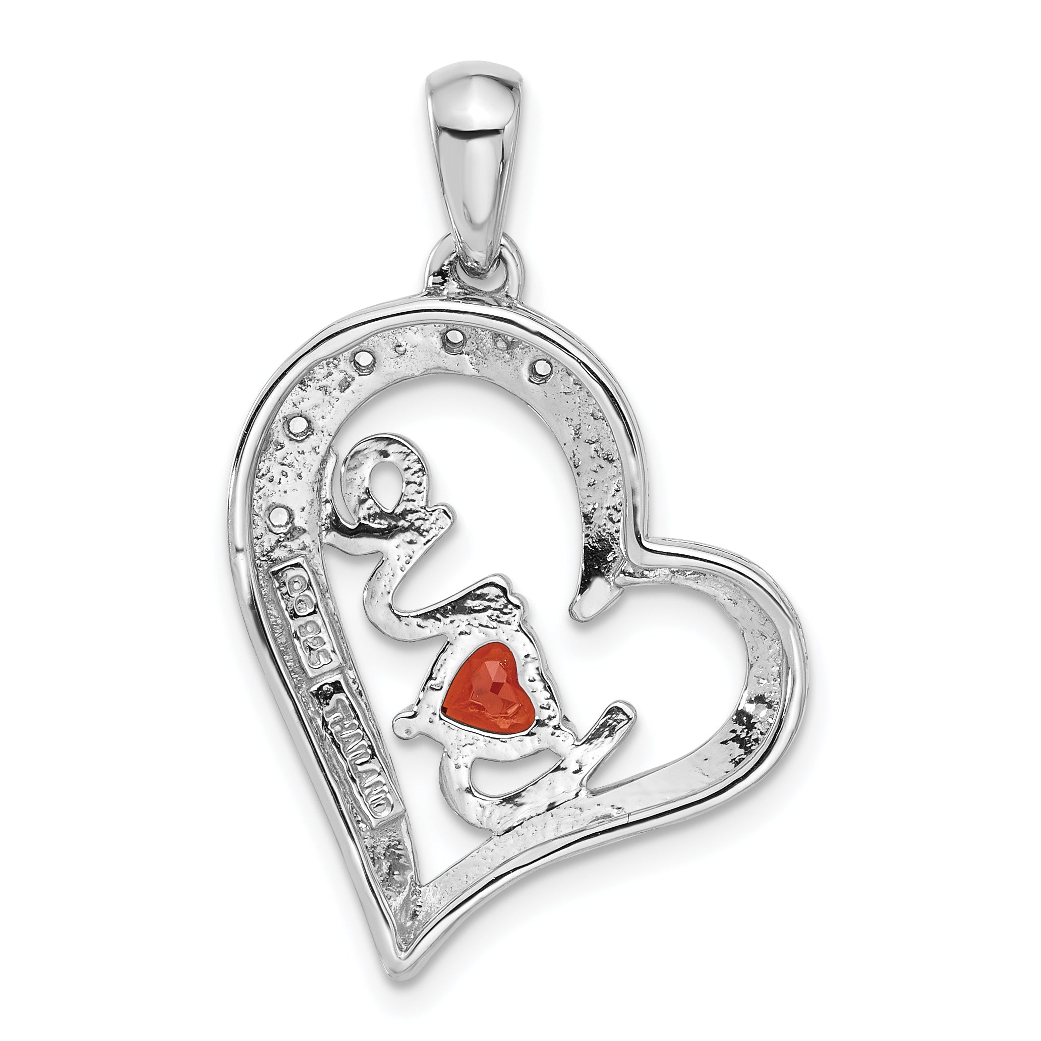 Sterling Silver Rhodium-Plated Garnet and White Topaz LOVE Heart Pendant