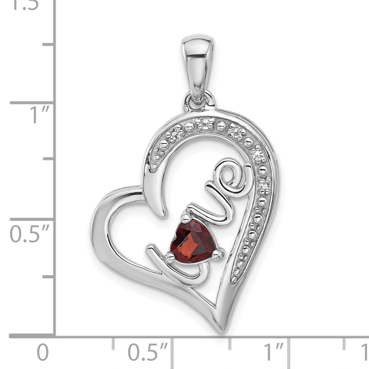 Sterling Silver Rhodium-Plated Garnet and White Topaz LOVE Heart Pendant