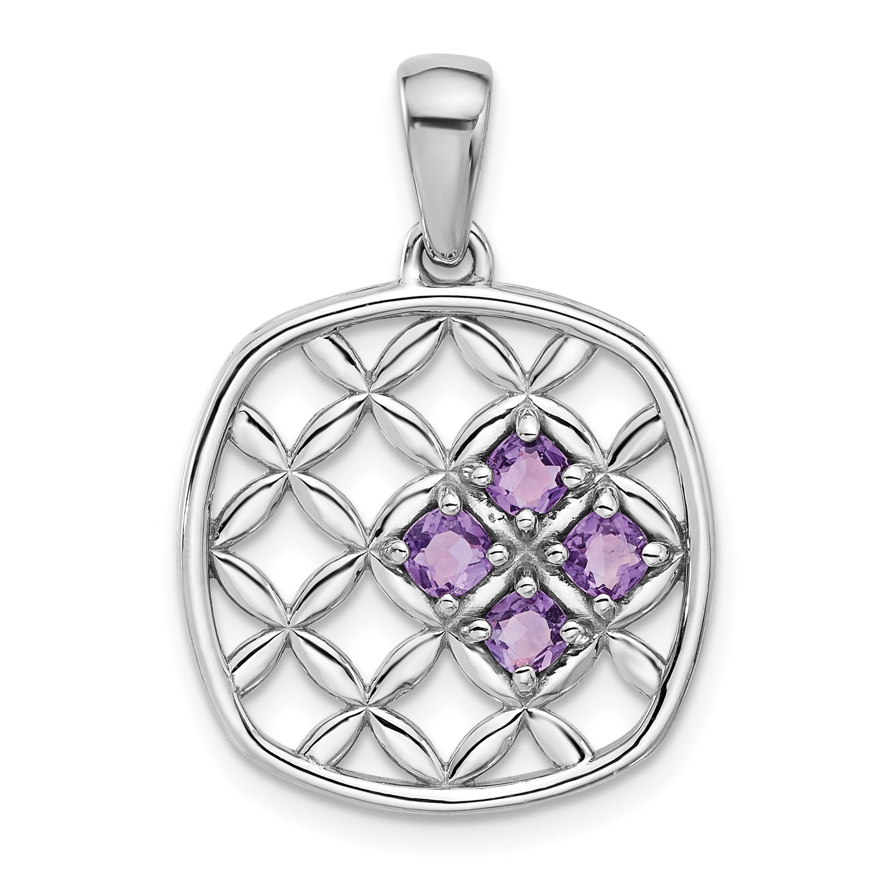 Sterling Silver Rhodium-plated Amethyst Basket Weave Design Pendant
