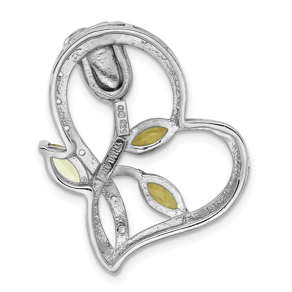 Sterling Silver Rhodium Peridot and White Topaz Rose Heart Chain Slide