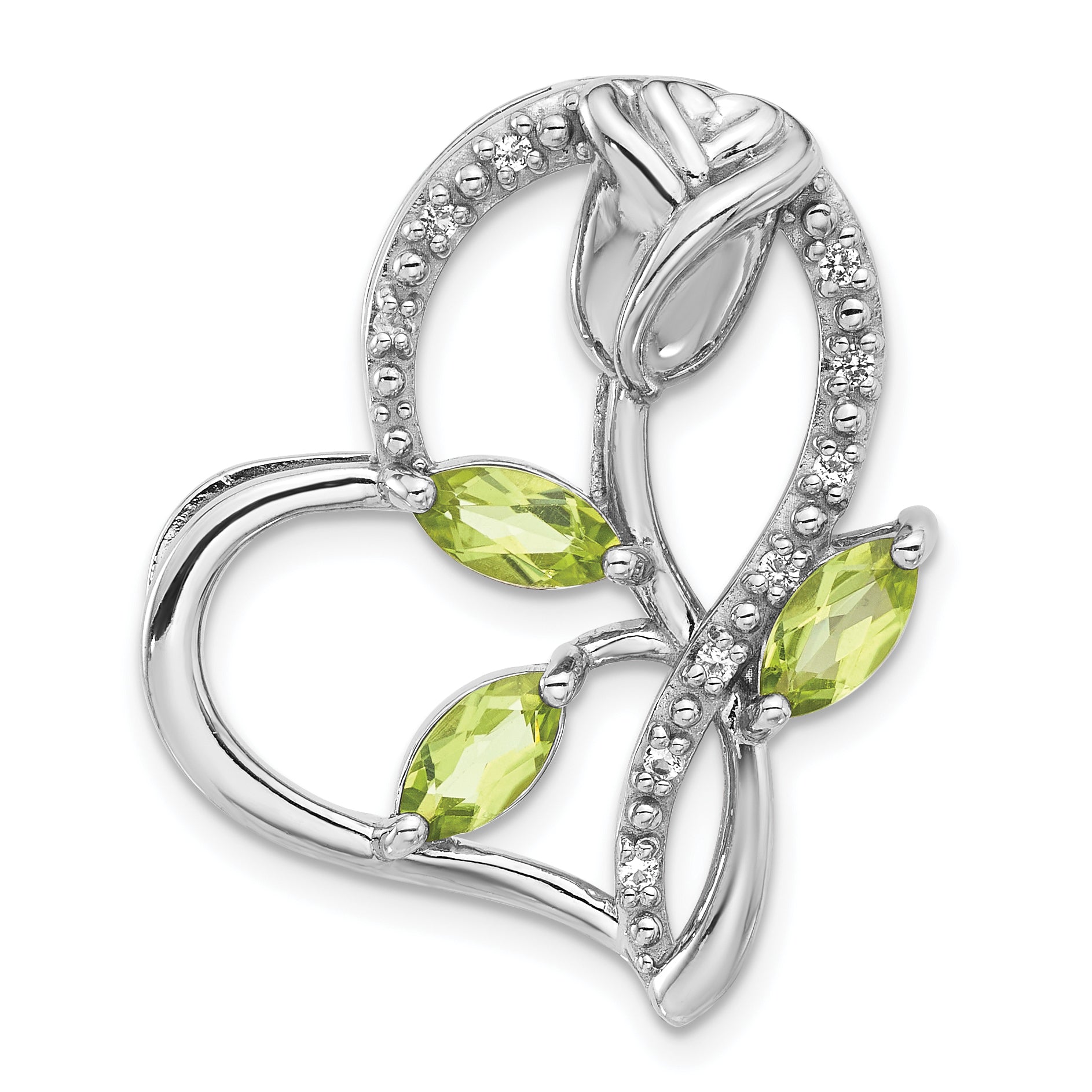 Sterling Silver Rhodium Peridot and White Topaz Rose Heart Chain Slide Main image