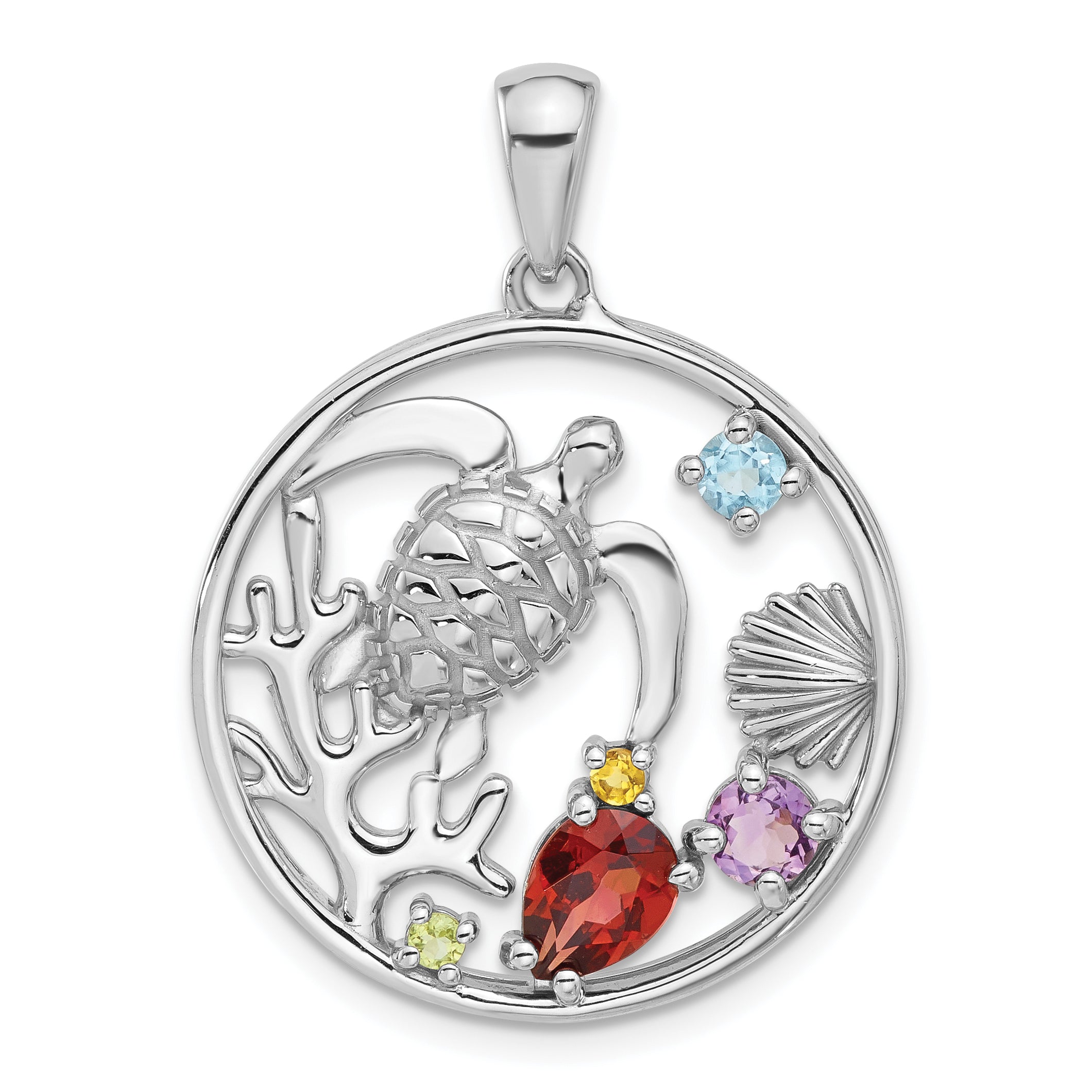 Sterling Silver Rhodium-plated Polished Rainbow Multi-Gemstone Sea Turtle Pendant Main image
