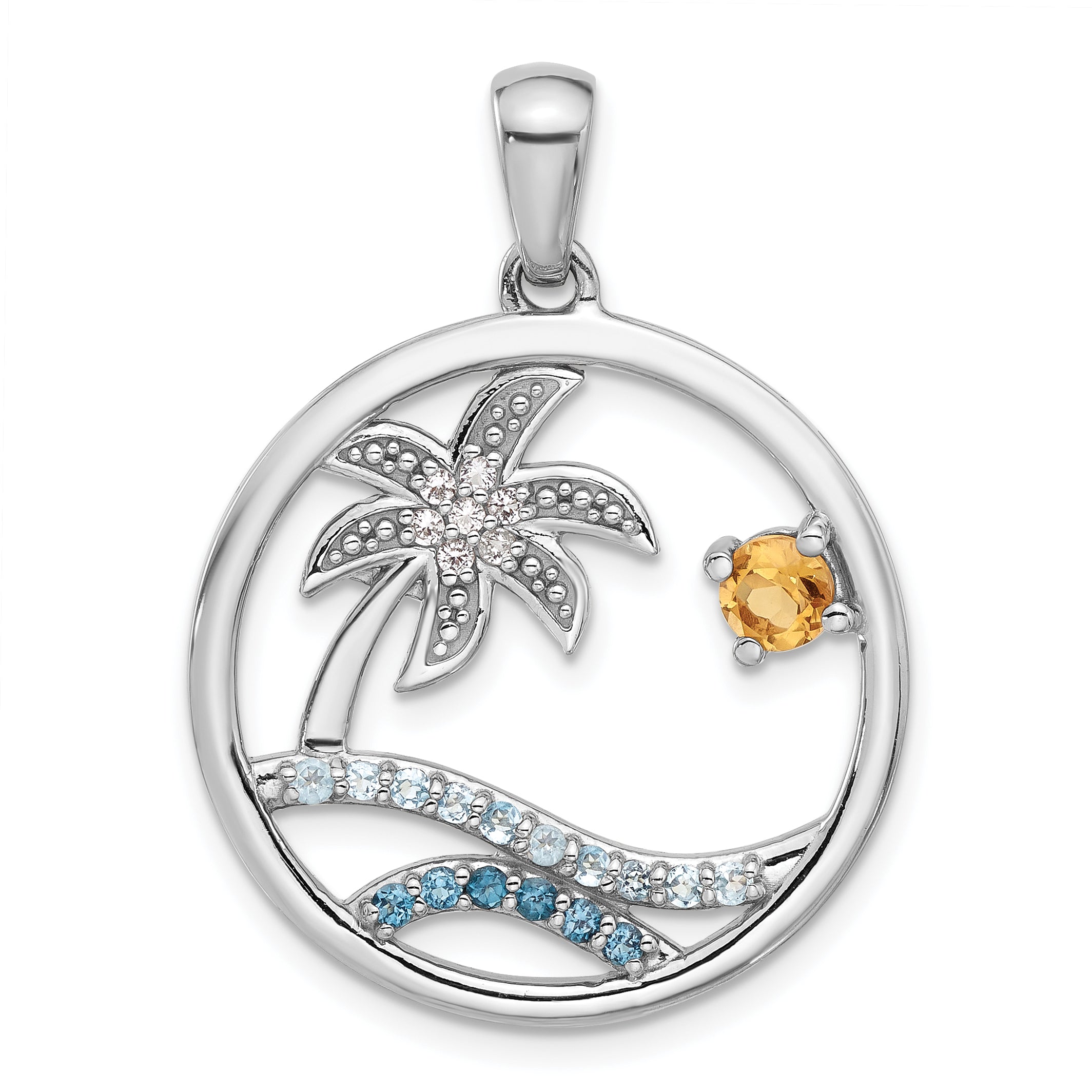 Sterling Silver Rhodium-plated Polished Rainbow Multi-Gemstone Ocean Palm Tree Pendant Main image