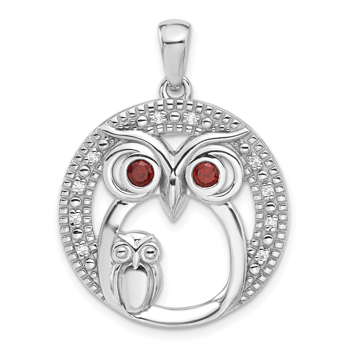 Garnet & Cubic Zirconia Owls Pendant in Sterling Silver, 33mm Textured - Sophia Jewelers Main image