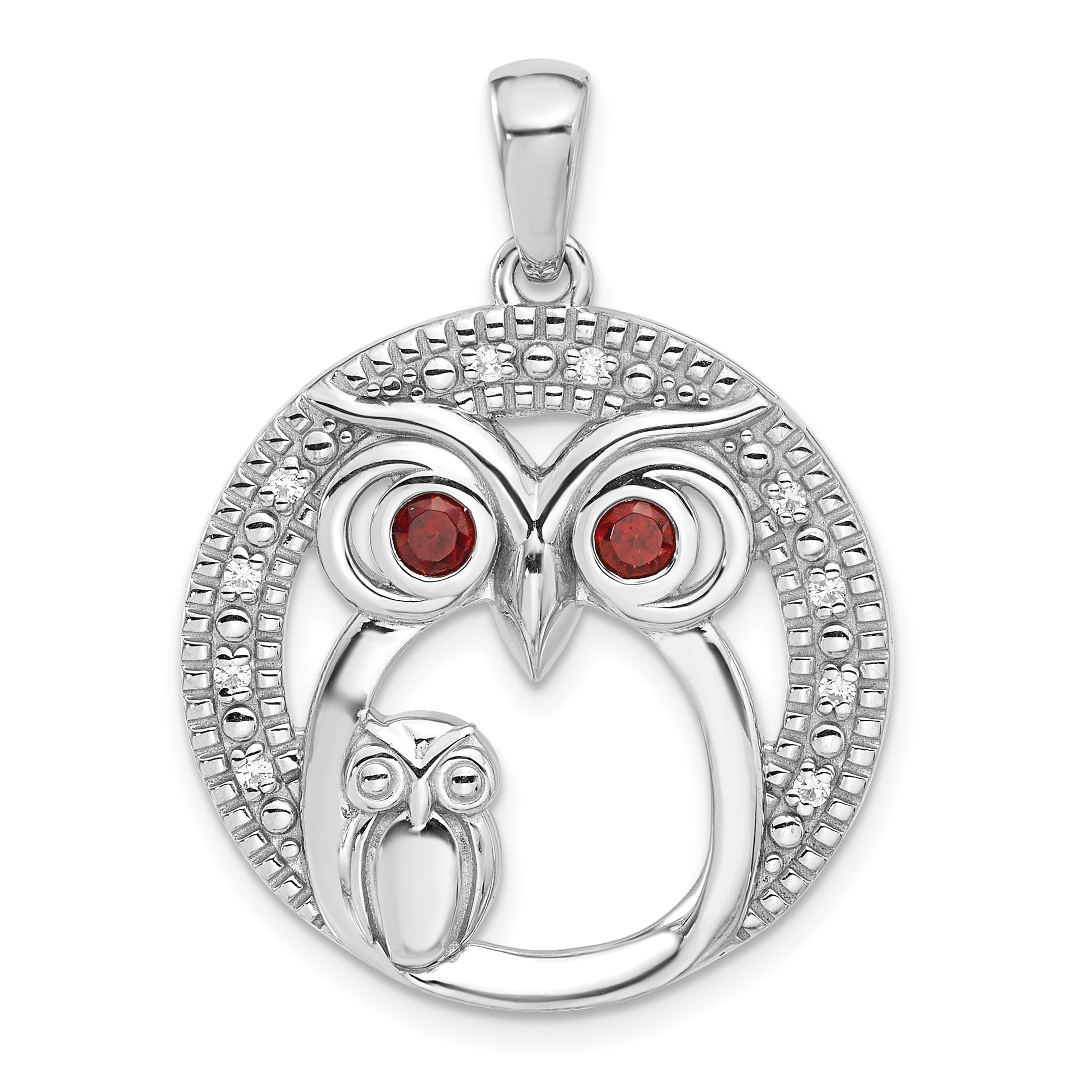 Sterling Silver Rhodium-plated Garnet and CZ Owls Pendant Main image