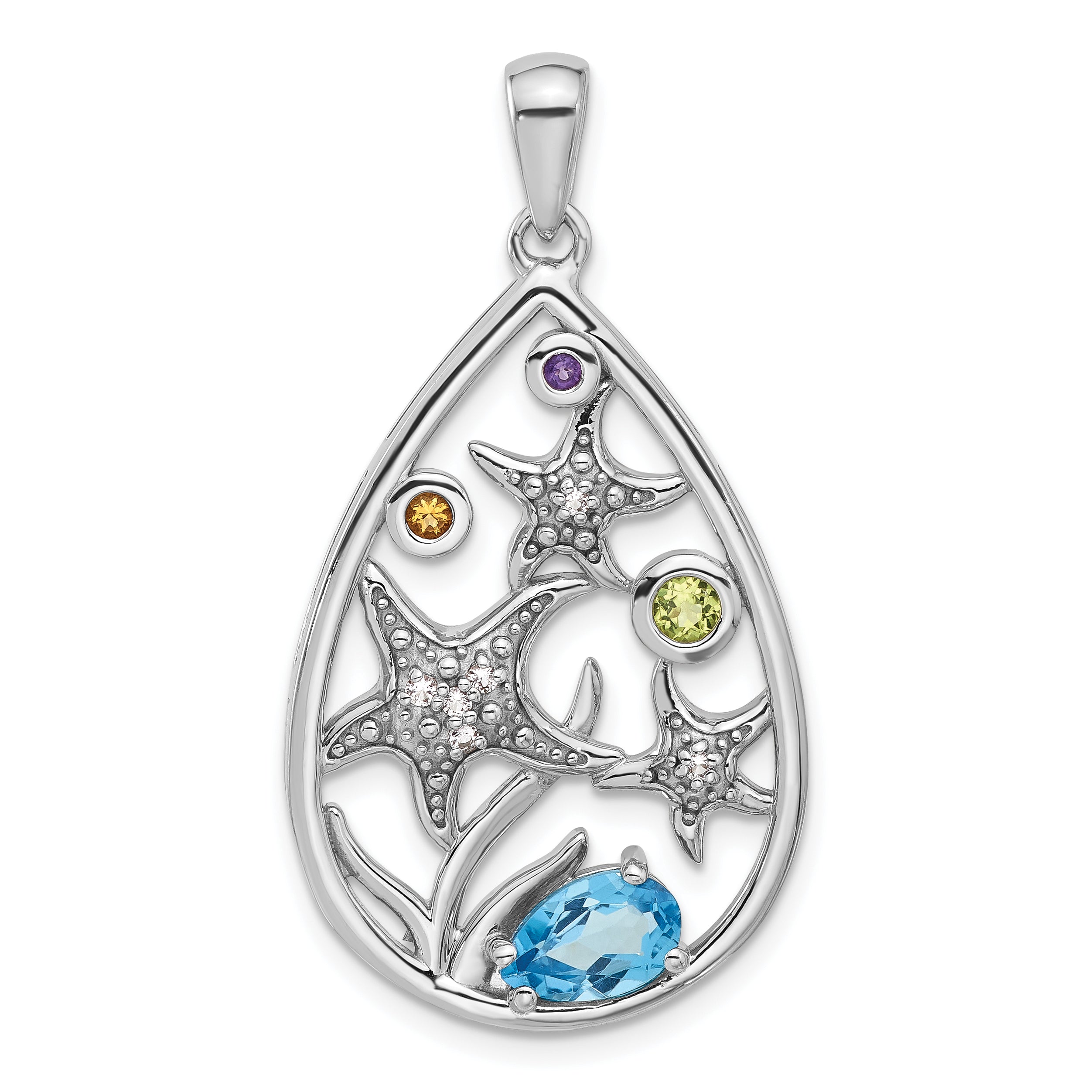 Sterling Silver Rhodium-plated Polished Rainbow Multi-Gemstone Starfish Pendant Main image
