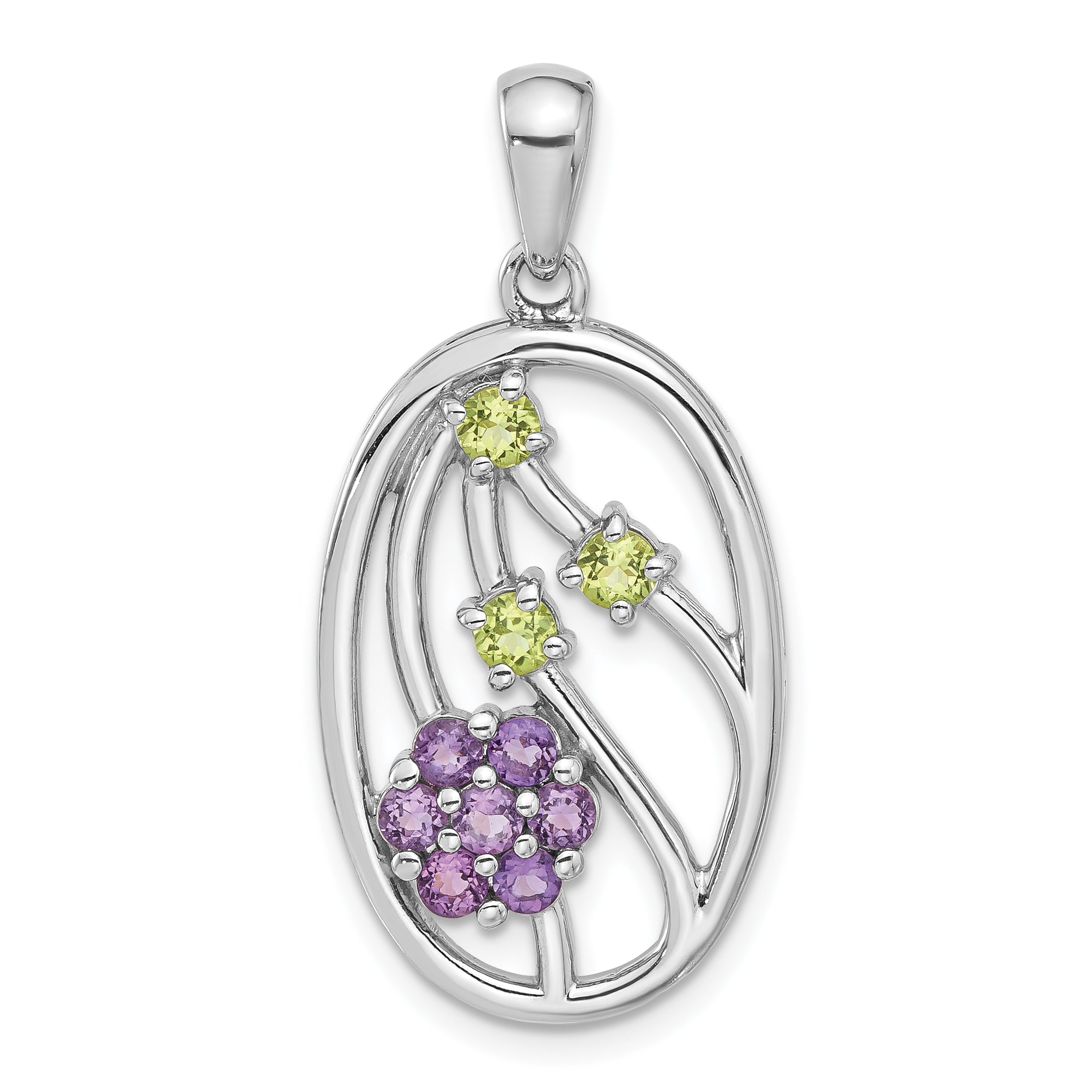 Sterling Silver Rhodium-plated Amethyst and Peridot Flower Pendant Main image