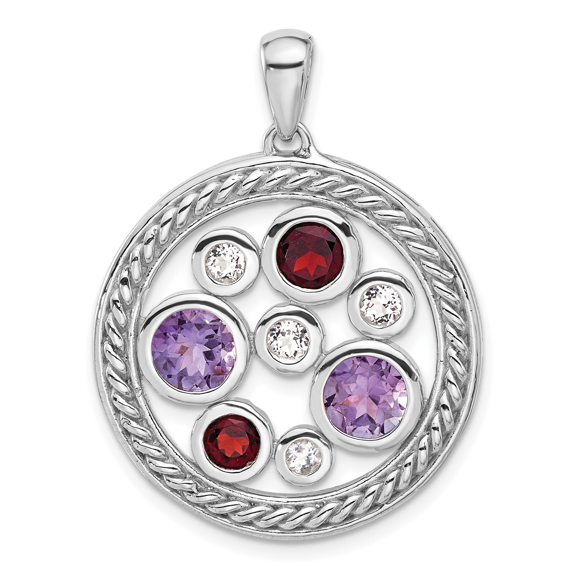 Sterling Silver Rhodium Amethyst Garnet and White Topaz Circle Pendant Main image
