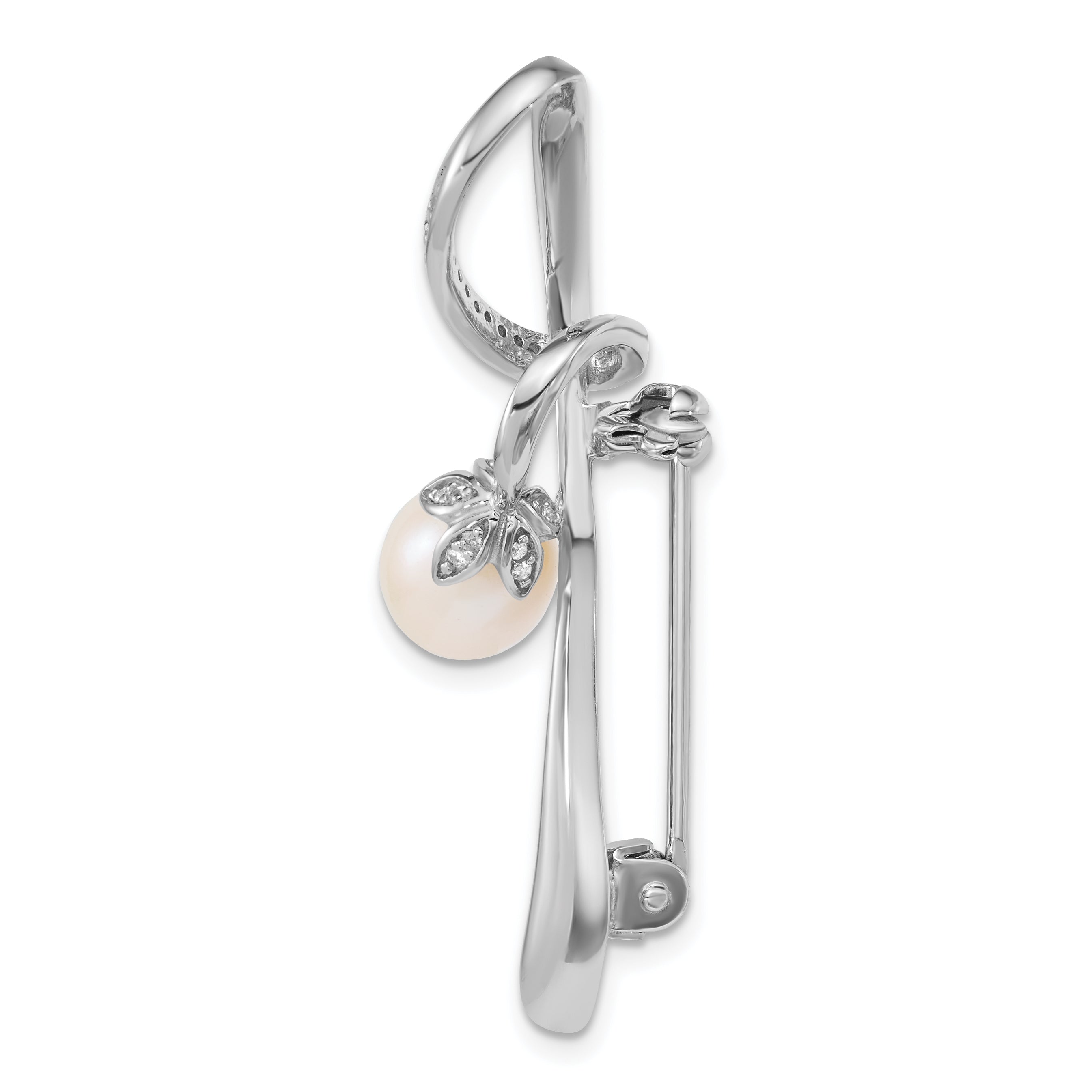 Sterling Silver Rhodium-plated 6-8mm Teardrop White Freshwater Cultured Pearl and CZ Swirl Pin Secondary image