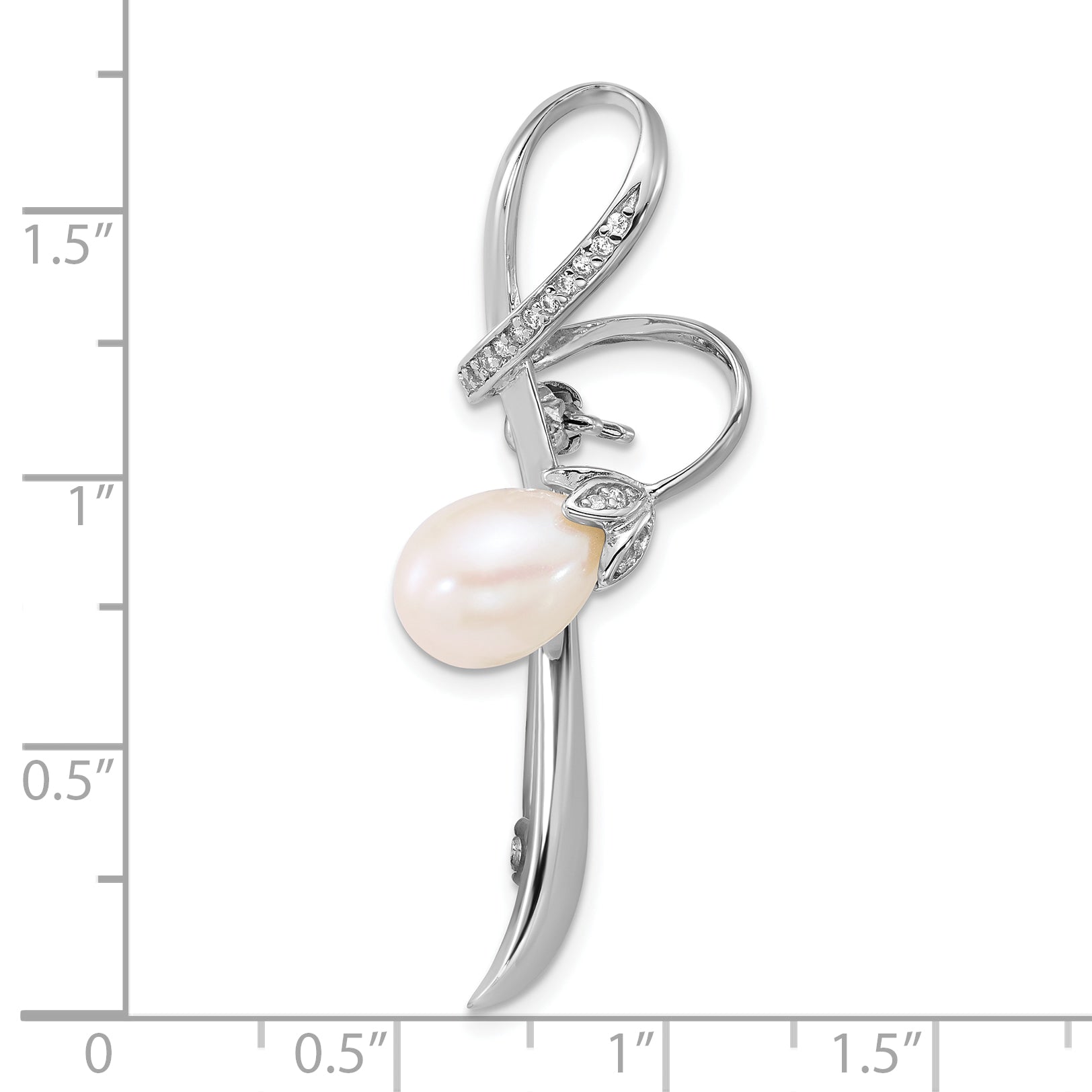 Sterling Silver Rhodium-plated 6-8mm Teardrop White Freshwater Cultured Pearl and CZ Swirl Pin