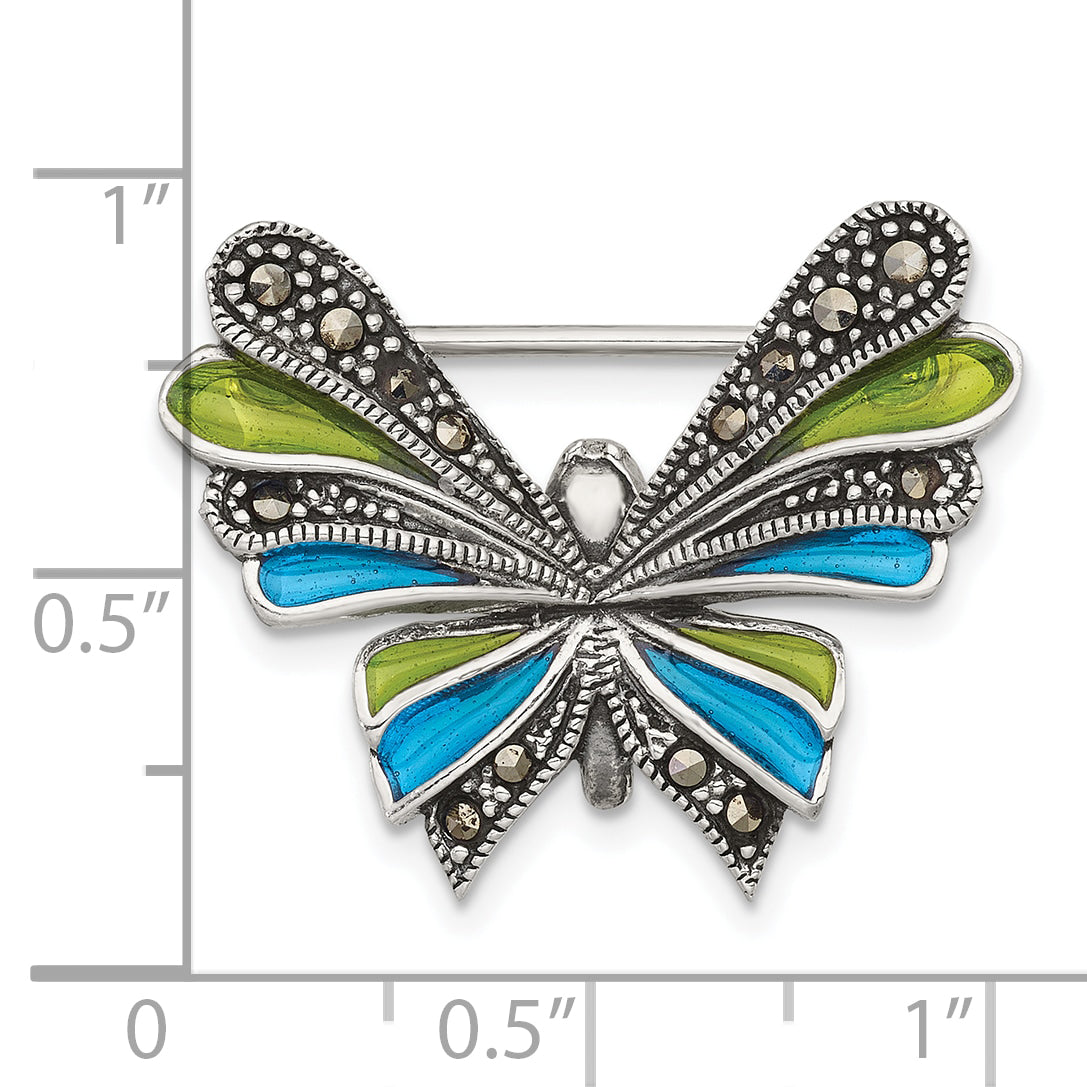 Sterling Silver Antiqued Marcasite with Green and Blue Epoxy Butterfly Pin