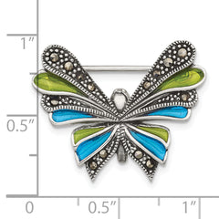 Sterling Silver Antiqued Marcasite with Green and Blue Epoxy Butterfly Pin