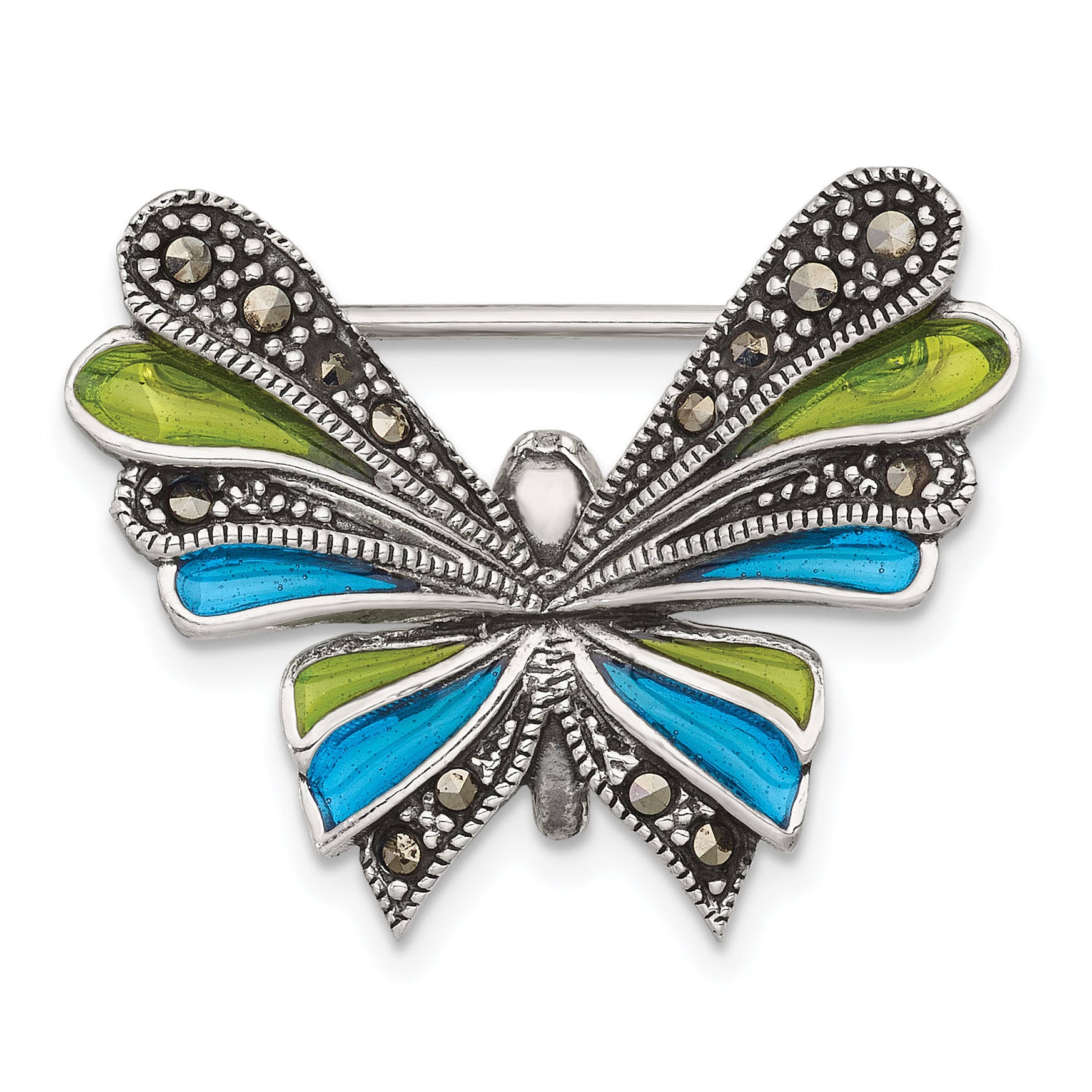 Sterling Silver Antiqued Marcasite with Green and Blue Epoxy Butterfly Pin Main image