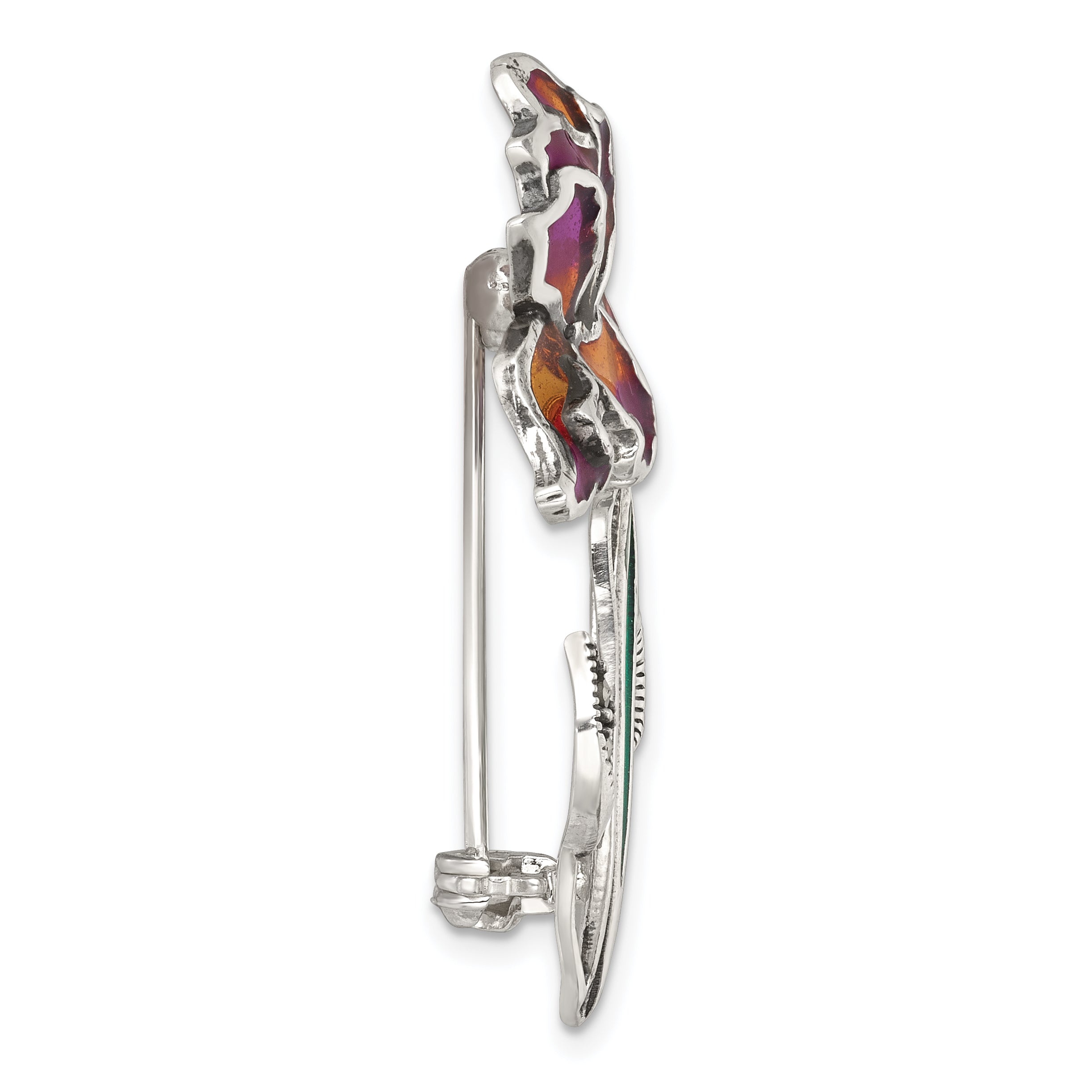 Sterling Silver Antiqued Marcasite and Purple and Yellow with Green Epoxy Iris Floral Pin Secondary image