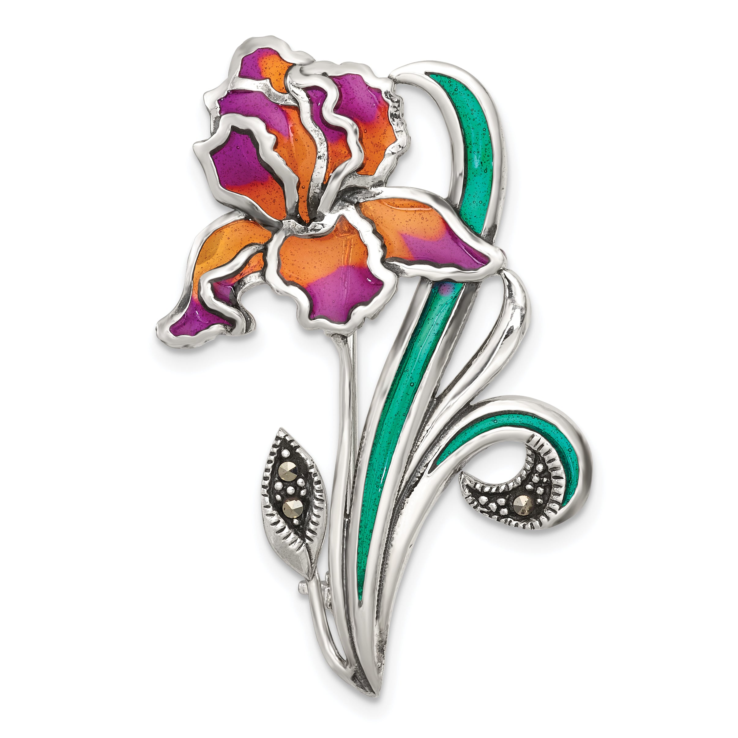 Sterling Silver Antiqued Marcasite and Purple and Yellow with Green Epoxy Iris Floral Pin Main image
