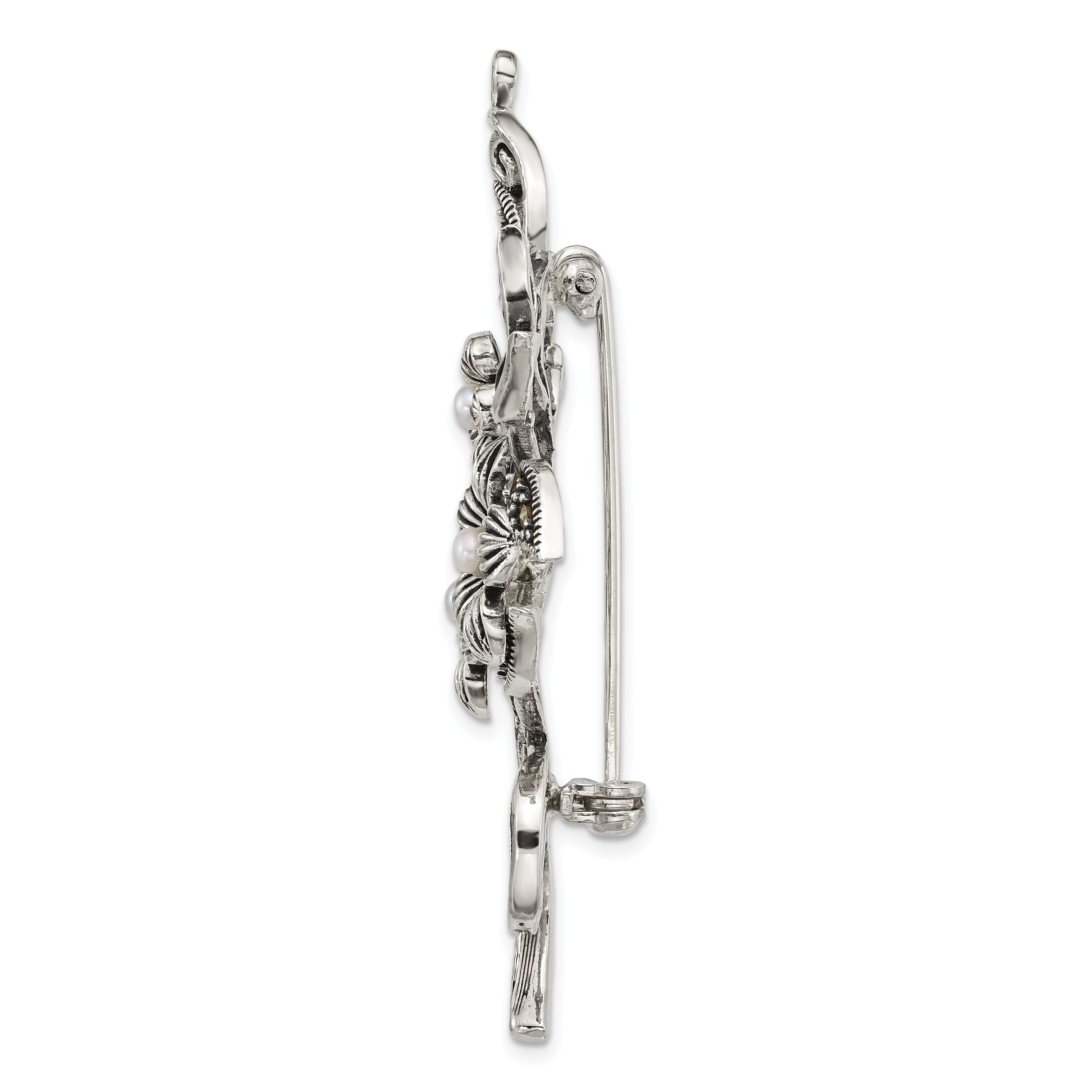 Sterling Silver Antiqued Marcasite and Freshwater Cultured Pearl with Green Epoxy Floral Pin Secondary image