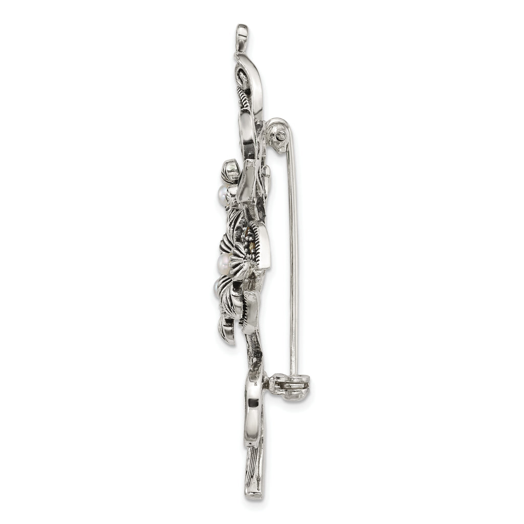 Sterling Silver Antiqued Marcasite and Freshwater Cultured Pearl with Green Epoxy Floral Pin