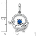 Sterling Silver Rhodium-plated Round Blue and White CZ Dolphin in Circle Pendant
