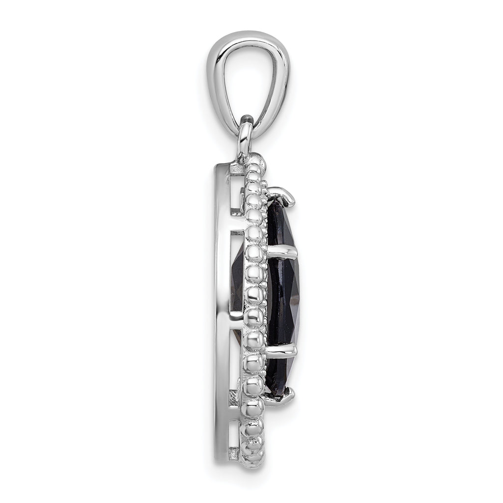 Sterling Silver Rhodium-plated Polished and Beaded Faceted Black Onyx Oval Pendant