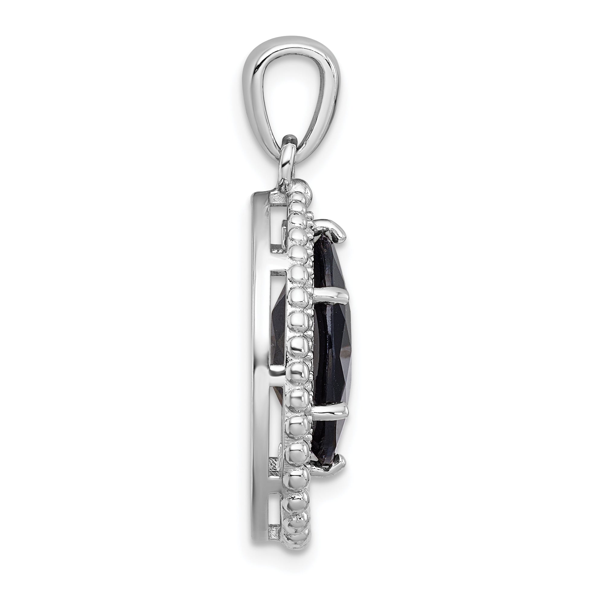 Sterling Silver Rhodium-plated Polished and Beaded Faceted Black Onyx Oval Pendant