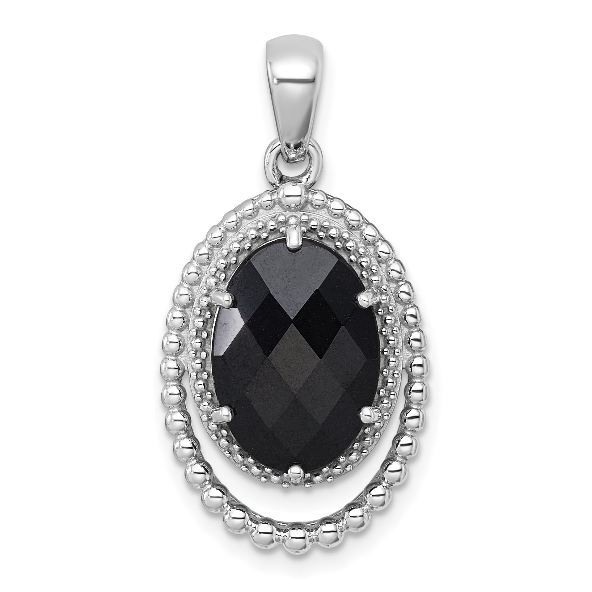 Sterling Silver Rhodium-plated Polished and Beaded Faceted Black Onyx Oval Pendant Main image
