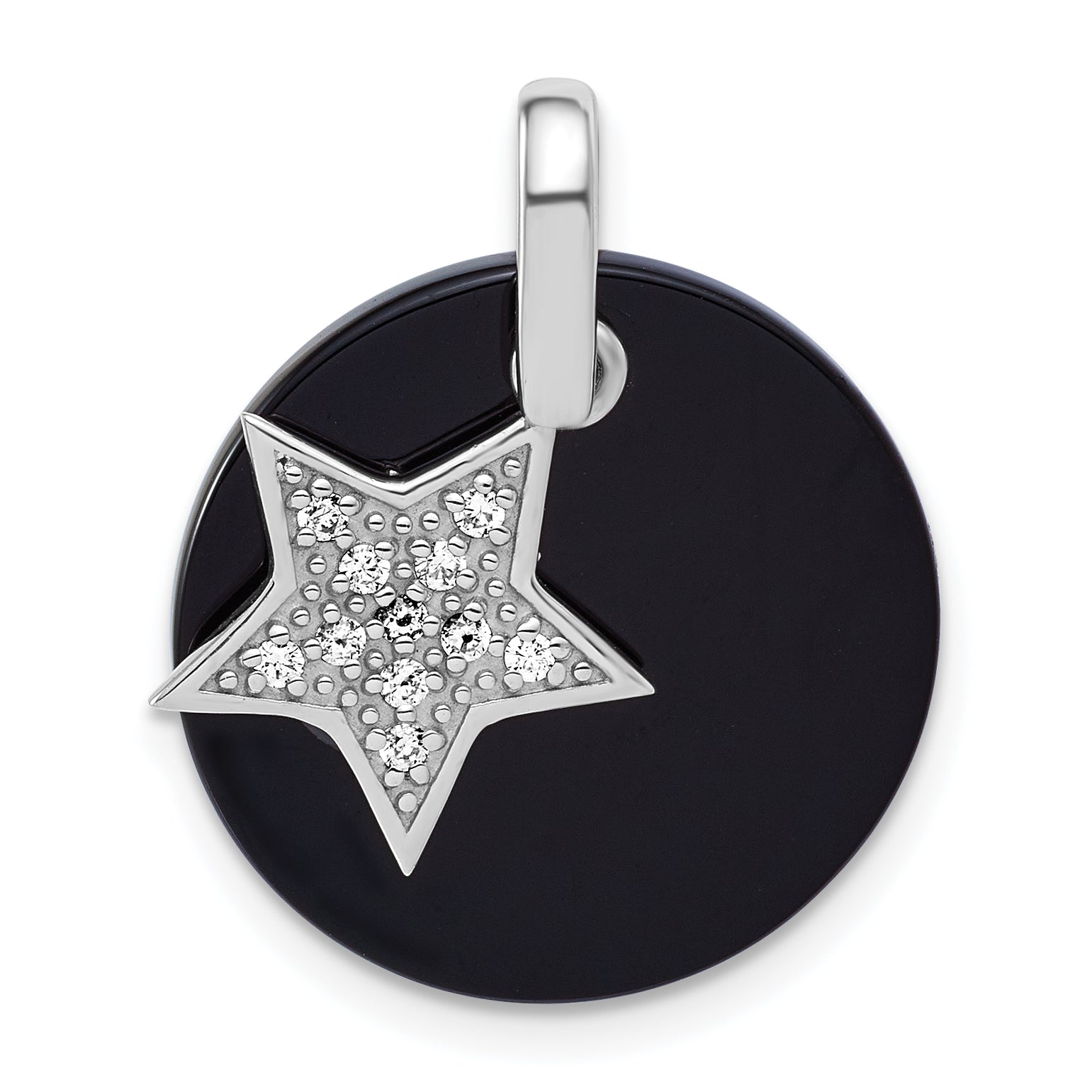Sterling Silver Rhodium-plated Polished Onyx Circle with CZ Star Dangle Pendant