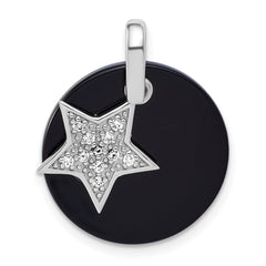 Sterling Silver Rhodium-plated Polished Onyx Circle with CZ Star Dangle Pendant