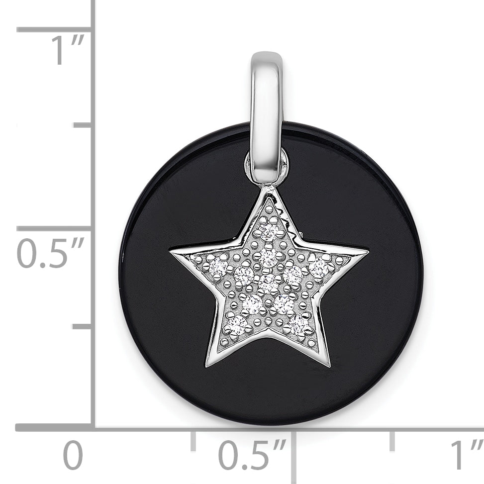 Sterling Silver Rhodium-plated Polished Onyx Circle with CZ Star Dangle Pendant