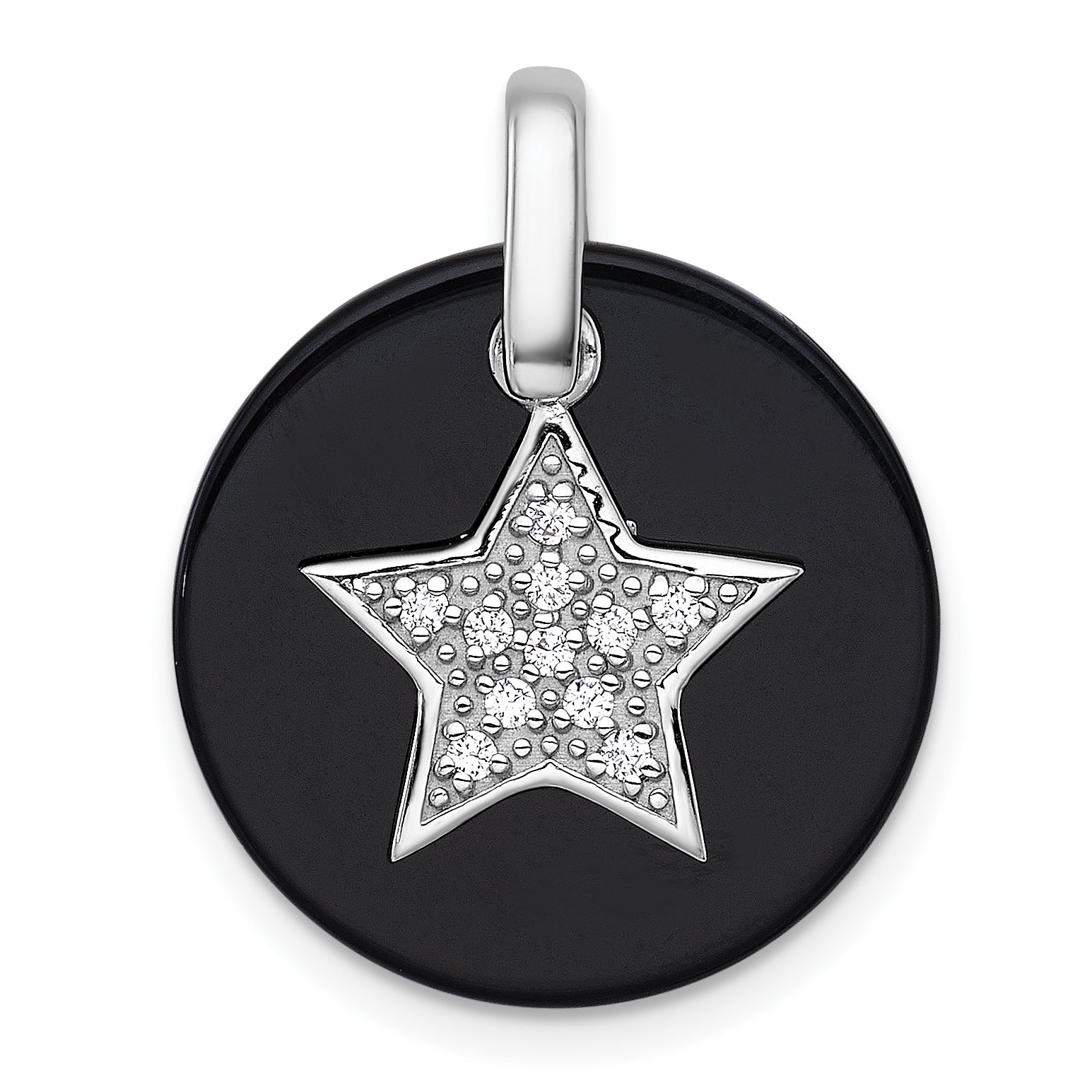 Sterling Silver Rhodium-plated Polished Onyx Circle with CZ Star Dangle Pendant
