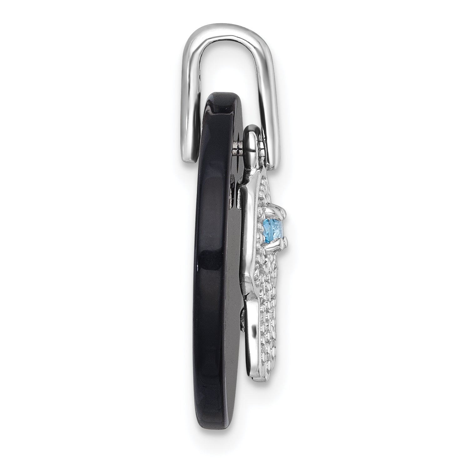 Sterling Silver Rhodium-plated Polished Onyx Circle with Light Swiss Blue Topaz and CZ Hamsa Dangle Pendant