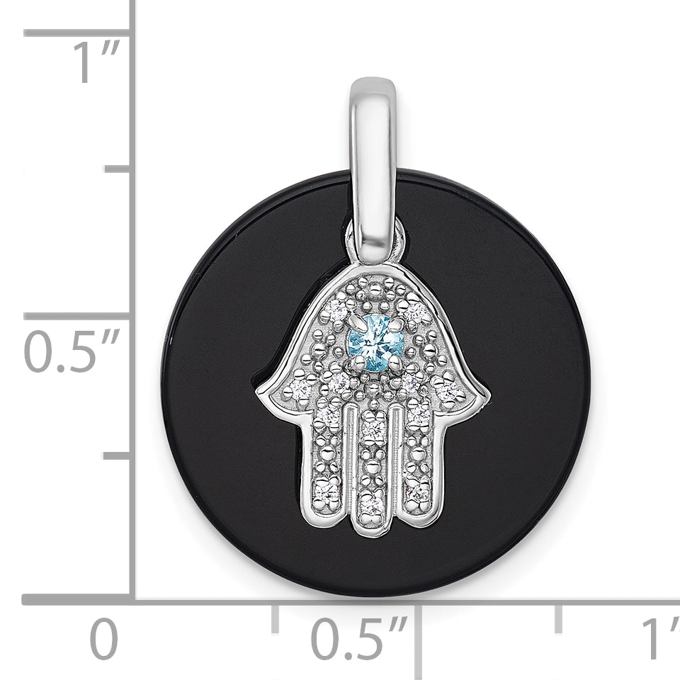 Sterling Silver Rhodium-plated Polished Onyx Circle with Light Swiss Blue Topaz and CZ Hamsa Dangle Pendant