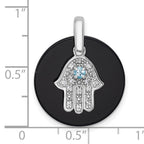 Sterling Silver Rhodium-plated Polished Onyx Circle with Light Swiss Blue Topaz and CZ Hamsa Dangle Pendant