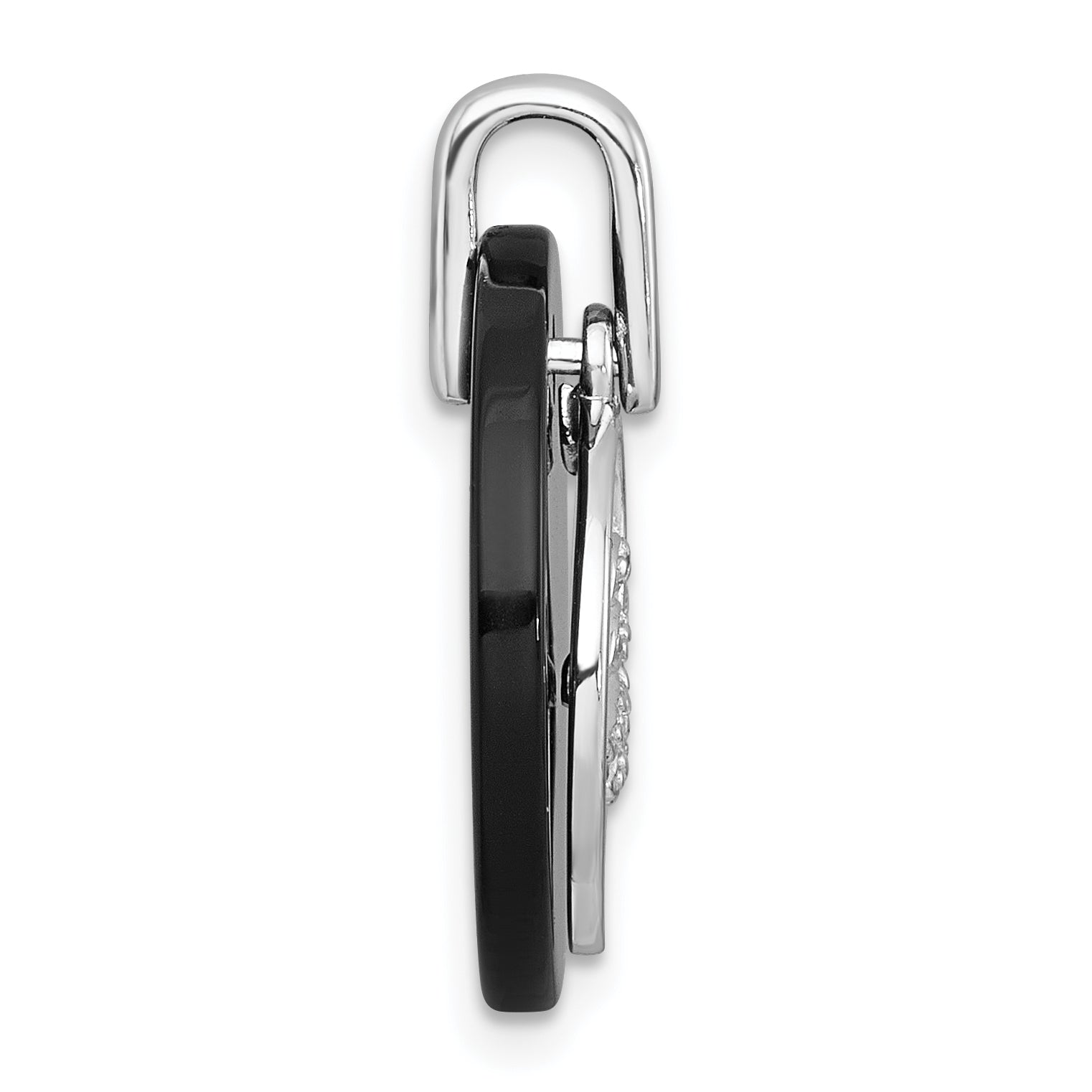 Sterling Silver Rhodium-plated Polished Onyx Circle and CZ Leaf Dangle Pendant Secondary image