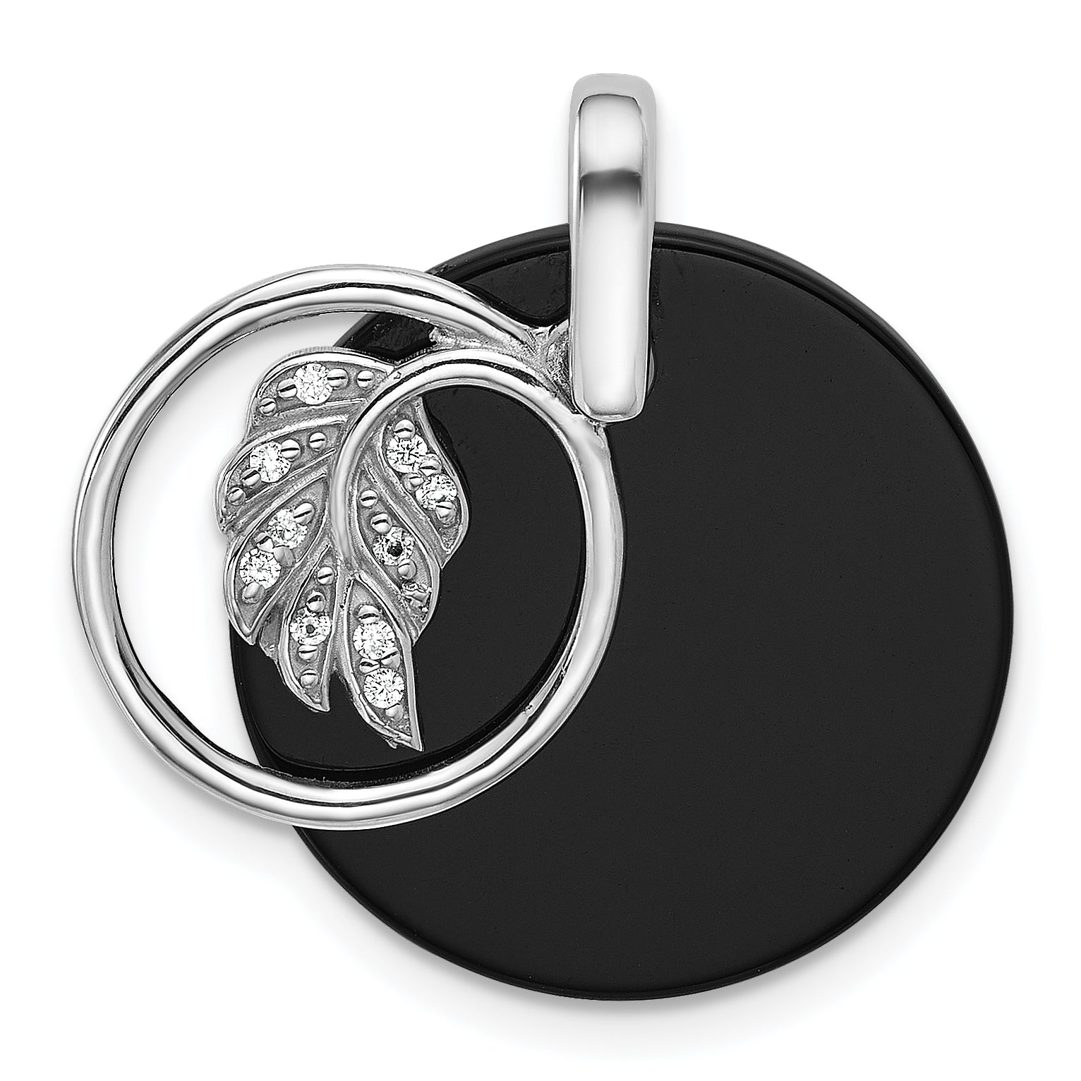 Sterling Silver Rhodium-plated Polished Onyx Circle and CZ Leaf Dangle Pendant