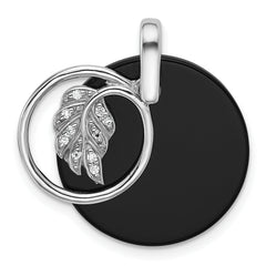 Sterling Silver Rhodium-plated Polished Onyx Circle and CZ Leaf Dangle Pendant