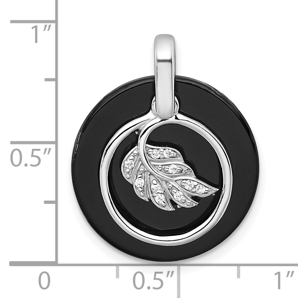 Sterling Silver Rhodium-plated Polished Onyx Circle and CZ Leaf Dangle Pendant
