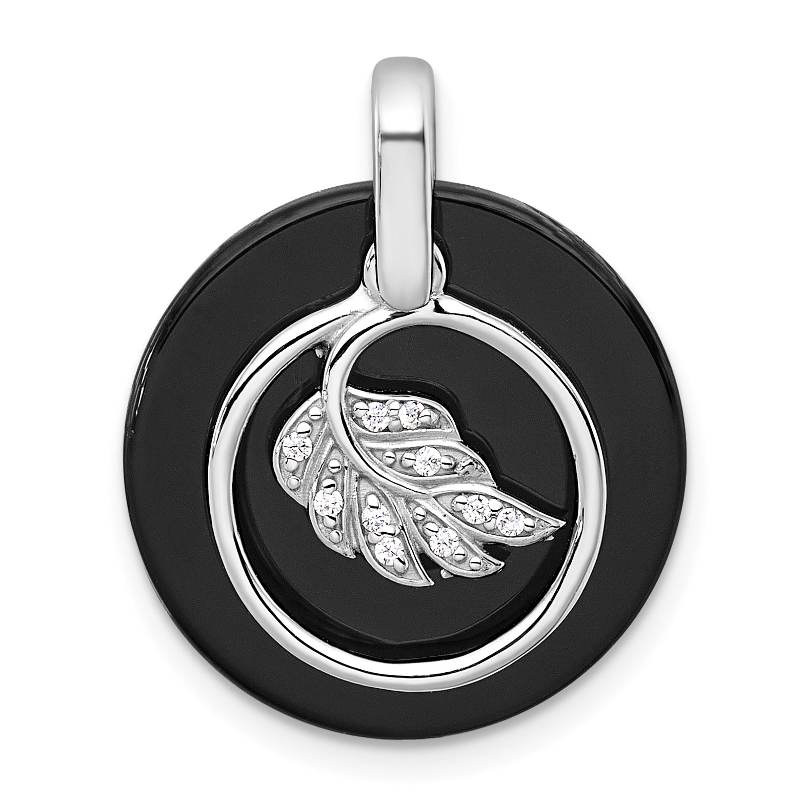 Sterling Silver Rhodium-plated Polished Onyx Circle and CZ Leaf Dangle Pendant Main image
