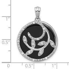 Sterling Silver Rhodium-plated Polished Onyx Circle and CZ Leaves Pendant