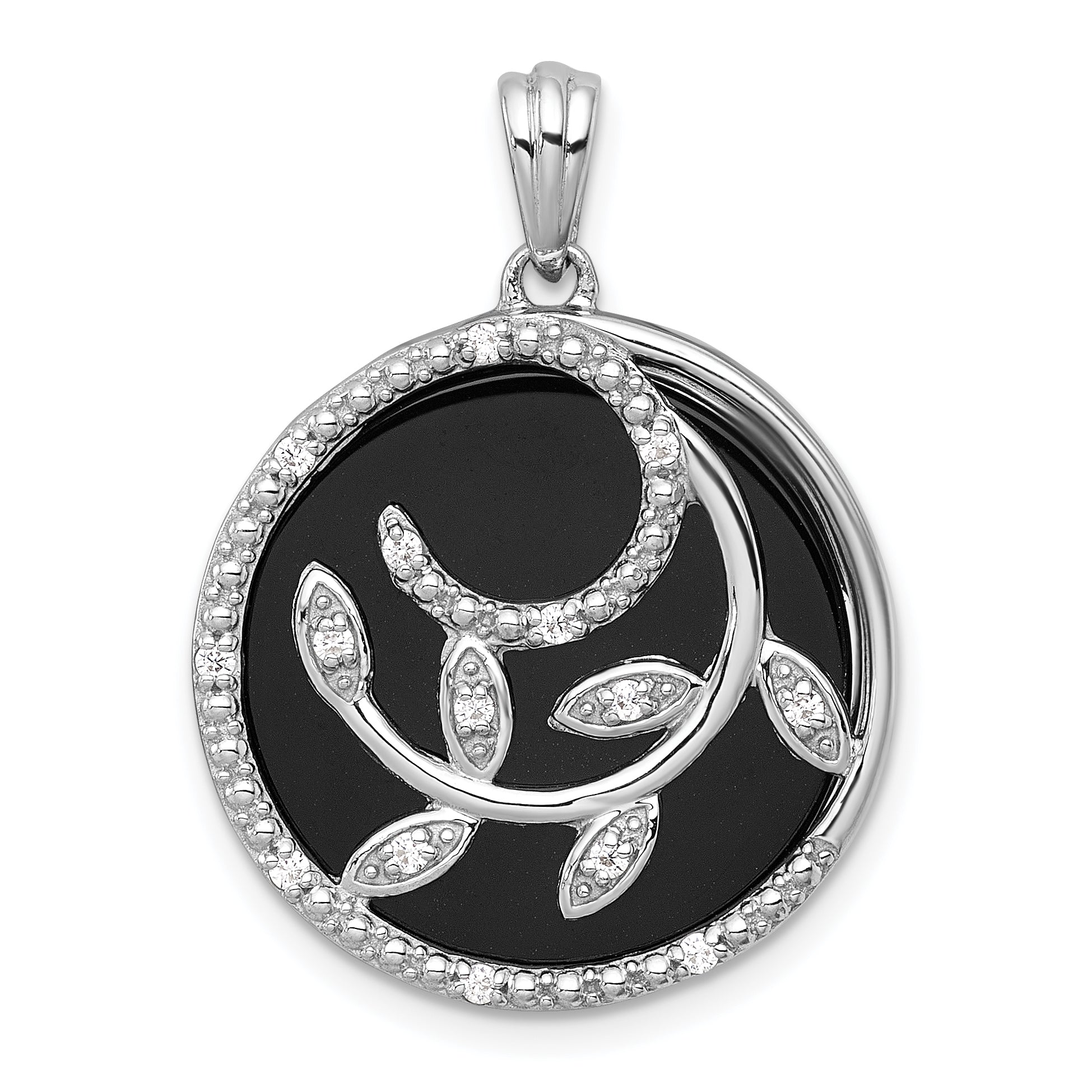 Sterling Silver Rhodium-plated Polished Onyx Circle and CZ Leaves Pendant Main image
