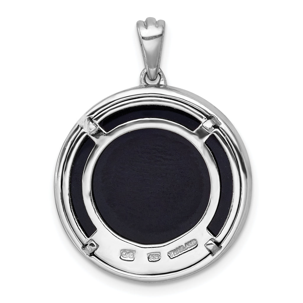 Sterling Silver Rhodium-plated Polished Onyx Circle and CZ Tree of Life Pendant