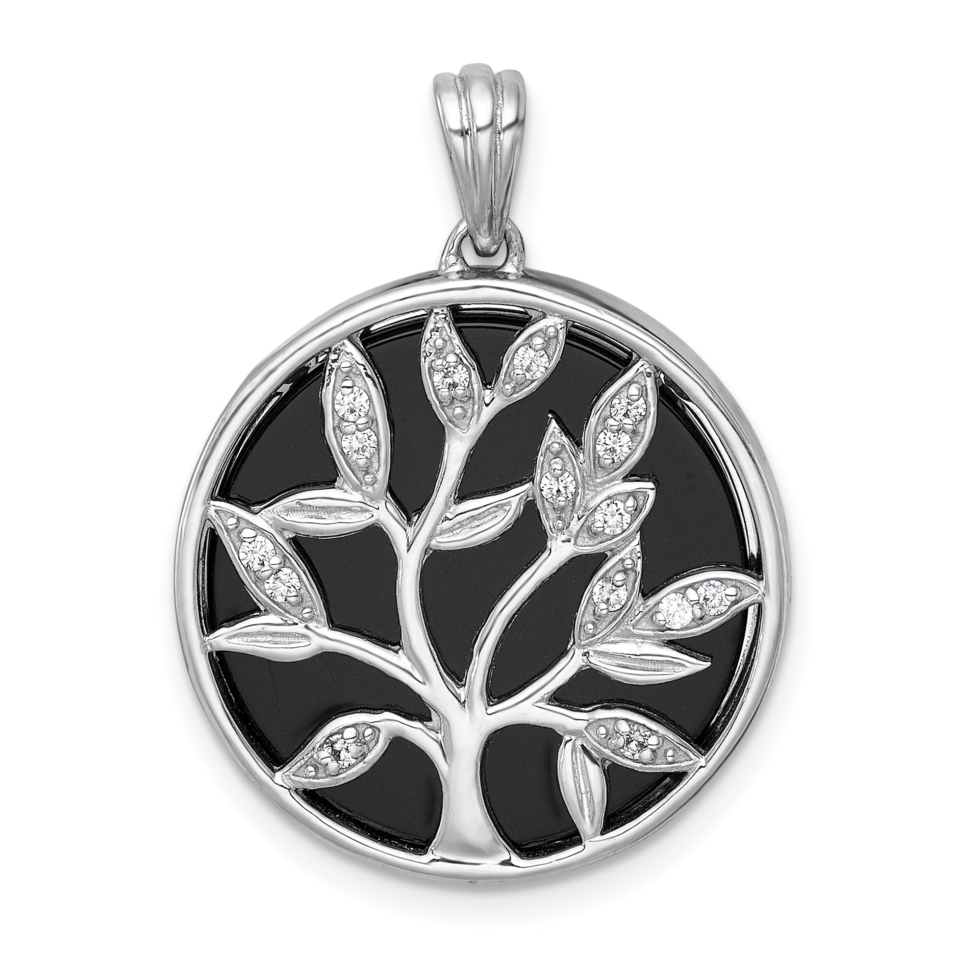 Sterling Silver Rhodium-plated Polished Onyx Circle and CZ Tree of Life Pendant Main image