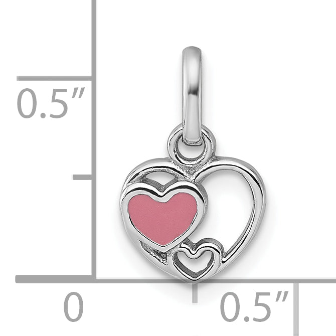 Sterling Silver Rhodium-plated Polished with Pink Enamel Triple Heart Charm Pendant